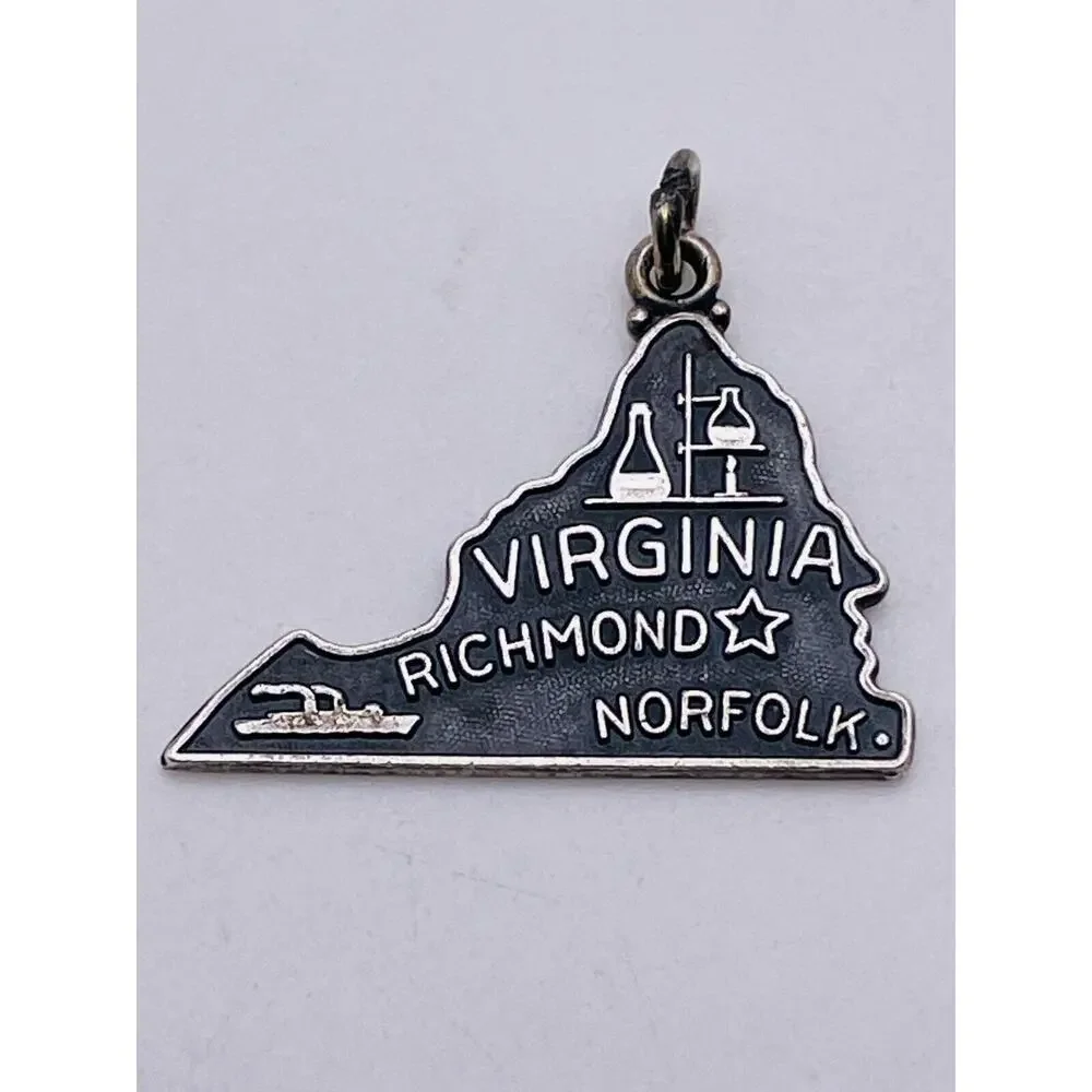Vintage Sterling Silver Virginia State Map Charm JMF STG Richmond Norfolk VA
